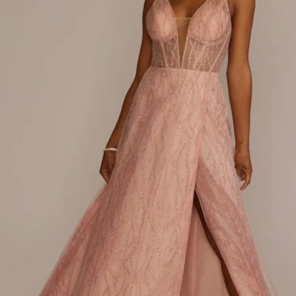 David's Bridal Dusty Rose Glitter A-Line Prom Gown